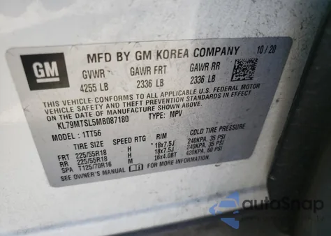 2021 Chevrolet Trailblazer Rs z USA, uszkodzony, nr VIN KL79MTSL5MB087180